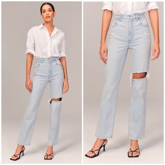 Abercrombie & Fitch Denim - Abercrombie & Fitch 27L 4L 90s Straight Ultra High Rise Jeans Ripped Light Wash